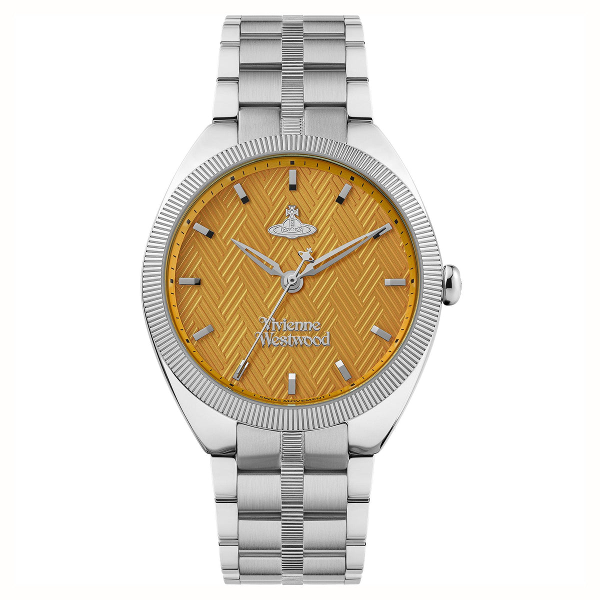 Vivienne Westwood stainless bracelet watch with orange dial, baton markers, crown at 3 o'clock