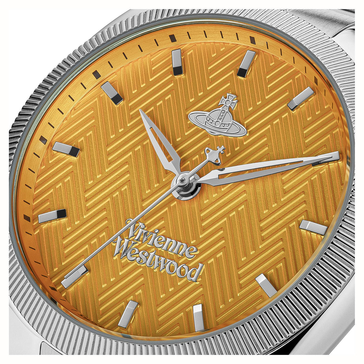 Close-up: Vivienne Westwood orange patterned dial with emblem and baton hour markers