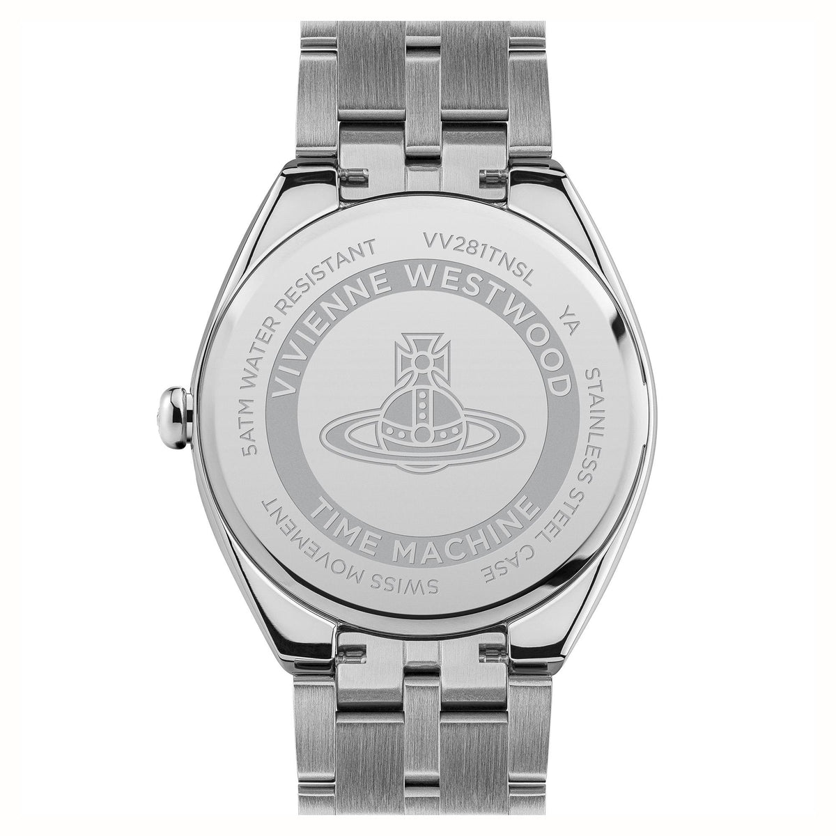 Stainless steel watch caseback with engraved brand and water resistance markings
