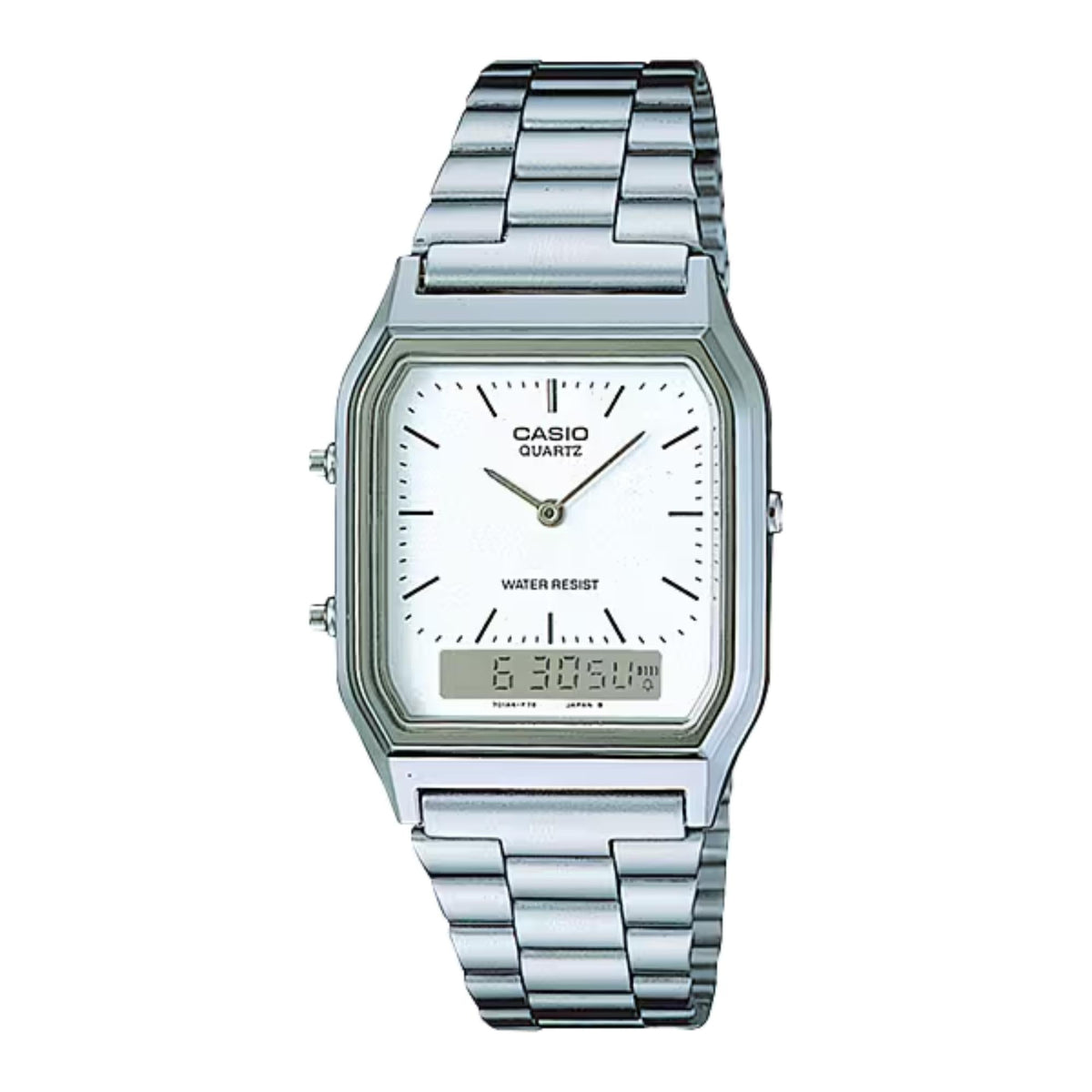Casio vintage quartz watch with steel bracelet and white dial, front view