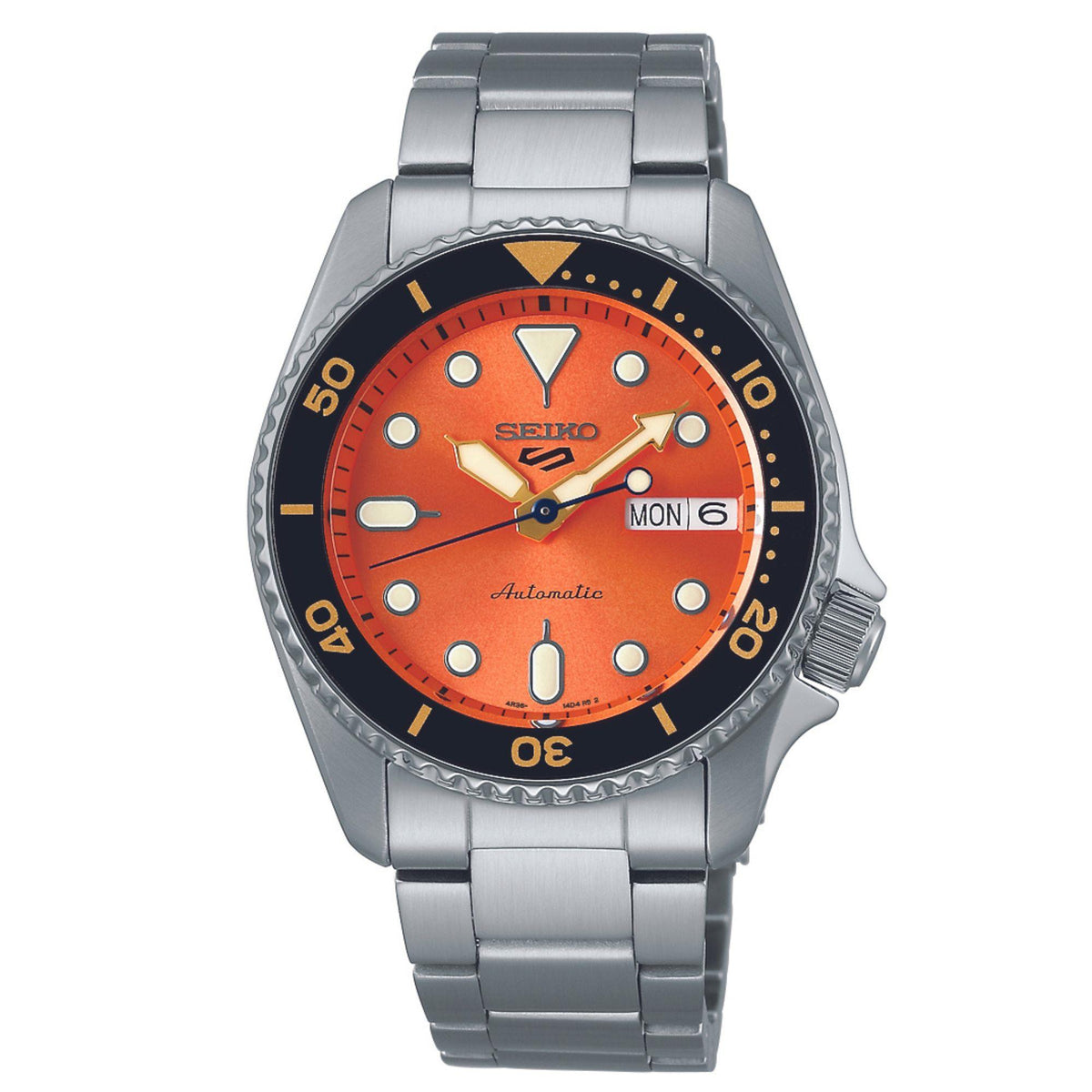 Steel bracelet watch with orange dial, black bezel, and MON 6 date window