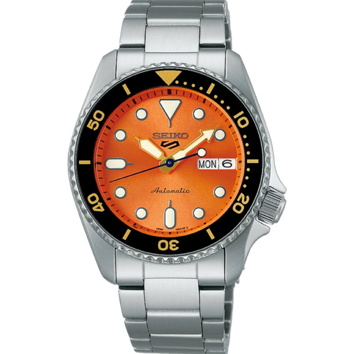 Front view of steel diver watch with orange dial, black bezel, and MON 6 date window
