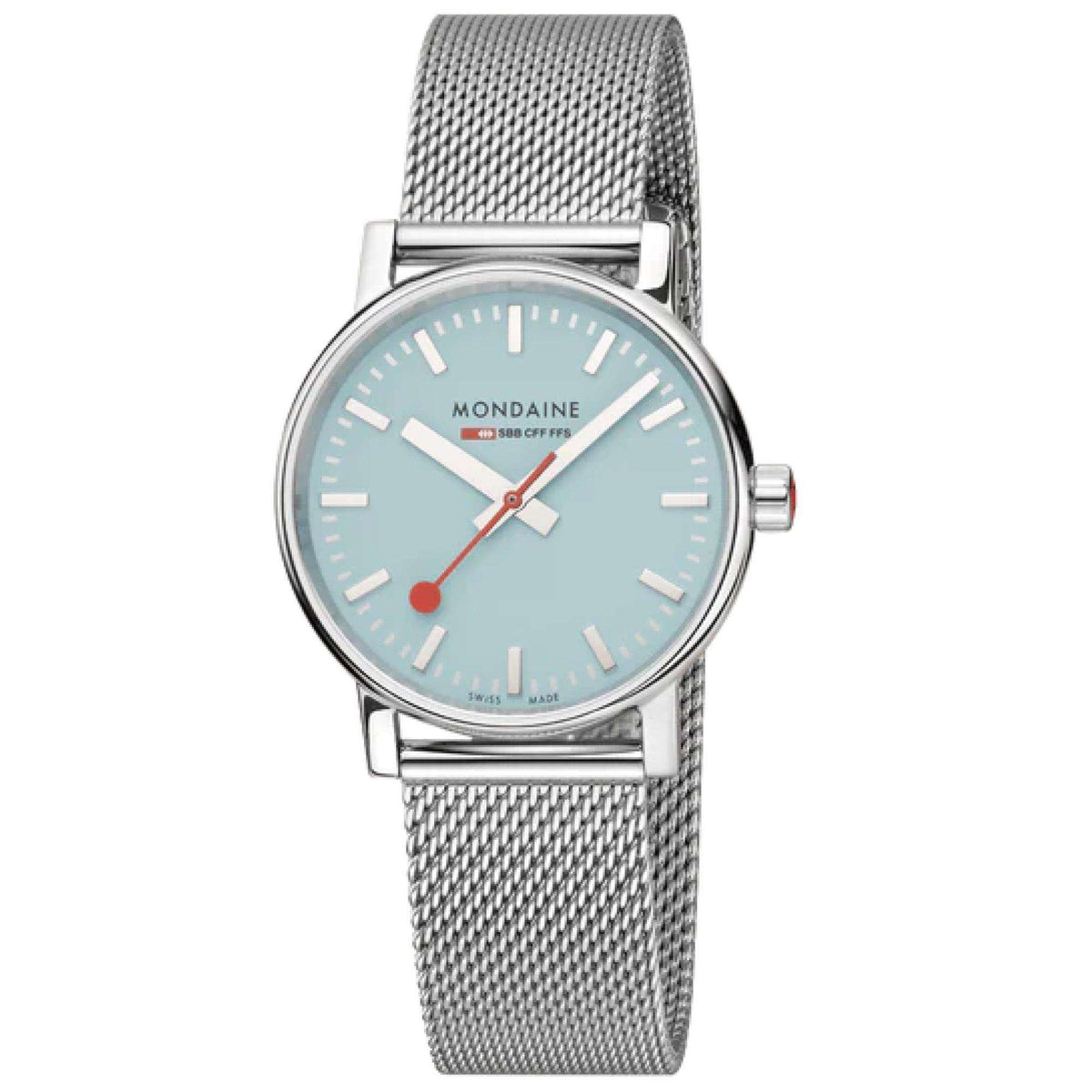 Mondaine Evo2 35mm watch with turquoise dial and red hands, steel mesh strap