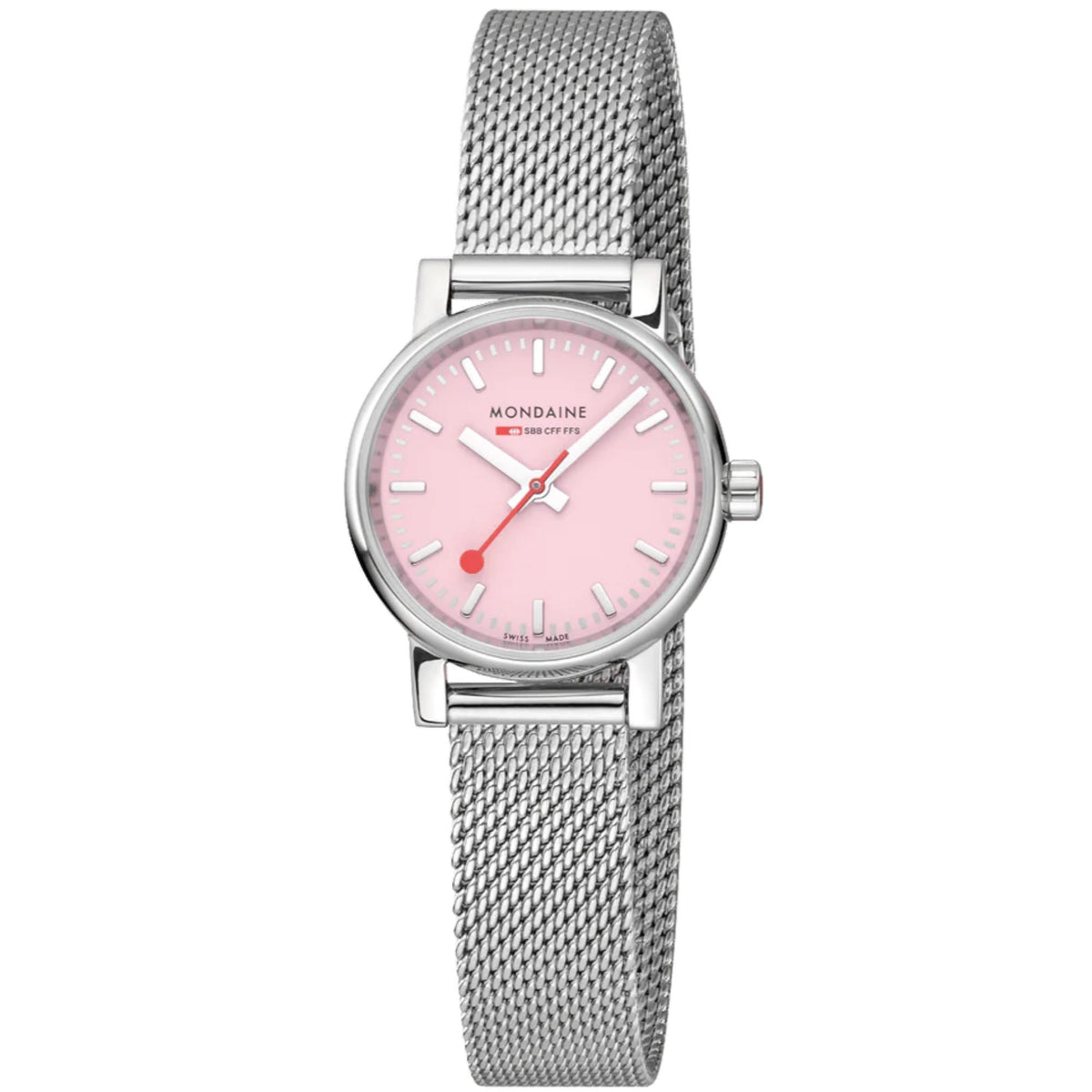 Mondaine evo2 women's watch with pink dial and silver mesh strap, round case