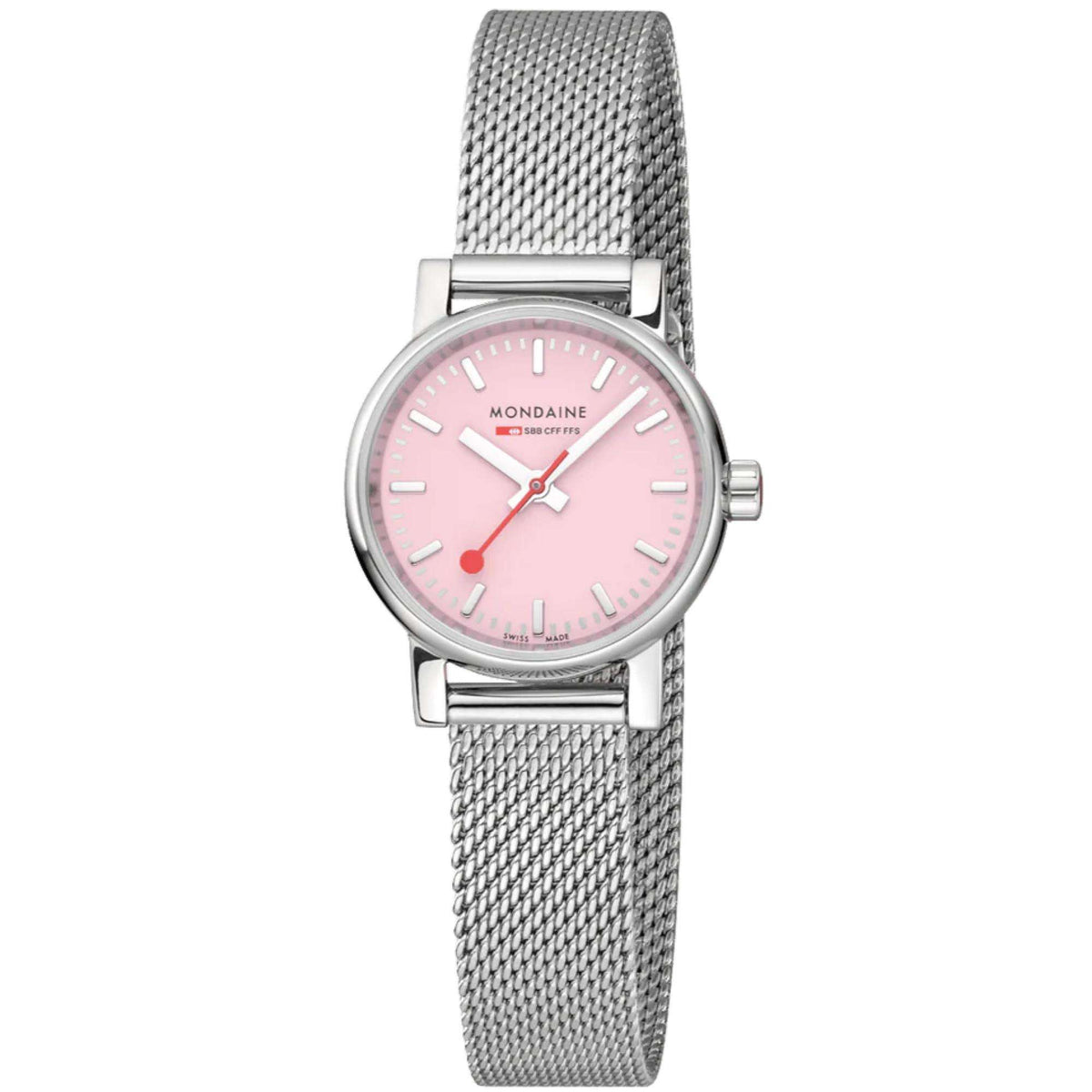 Women's pink dial steel mesh watch, round case with crown at right