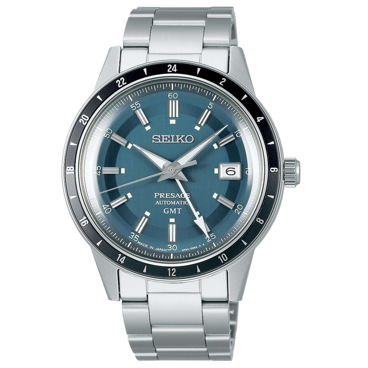 Seiko Presage 40mm Style 60s Petrol Blue GMT watch SSK009J1 front view