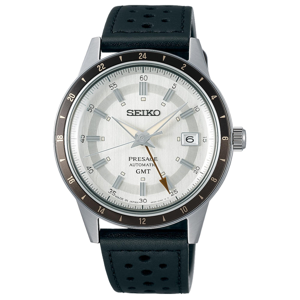 Men's automatic GMT watch with silver dial, black bezel, and black perforated leather strap