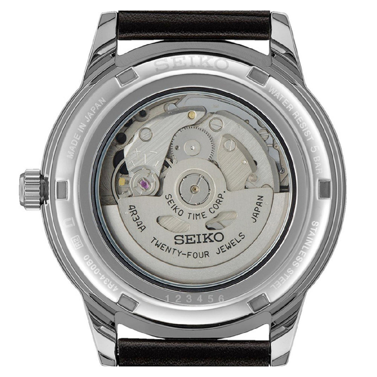 Men's automatic GMT watch caseback with visible mechanical movement and engraved ring