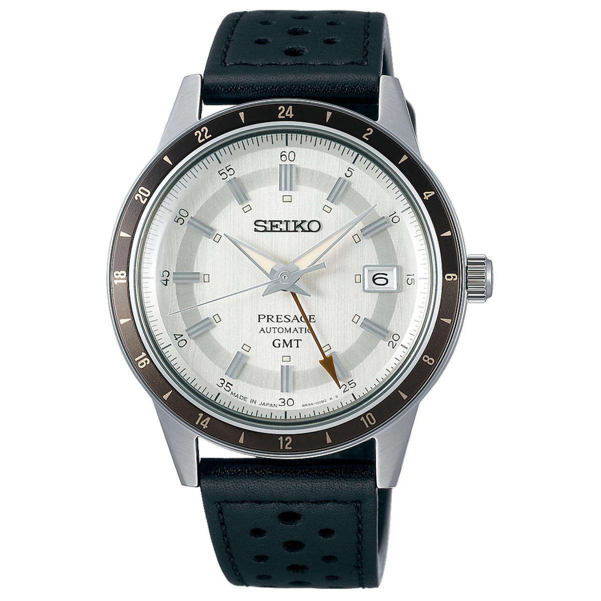 Men's GMT automatic wristwatch with silver dial, black bezel, and black perforated leather strap; side crown visible