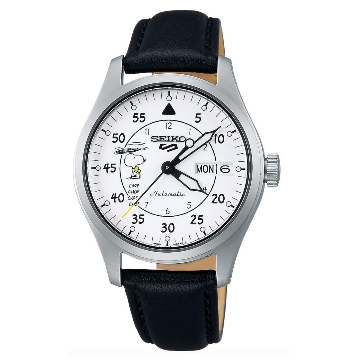 Automatic watch with white dial and Snoopy-style graphic, black leather strap, steel case