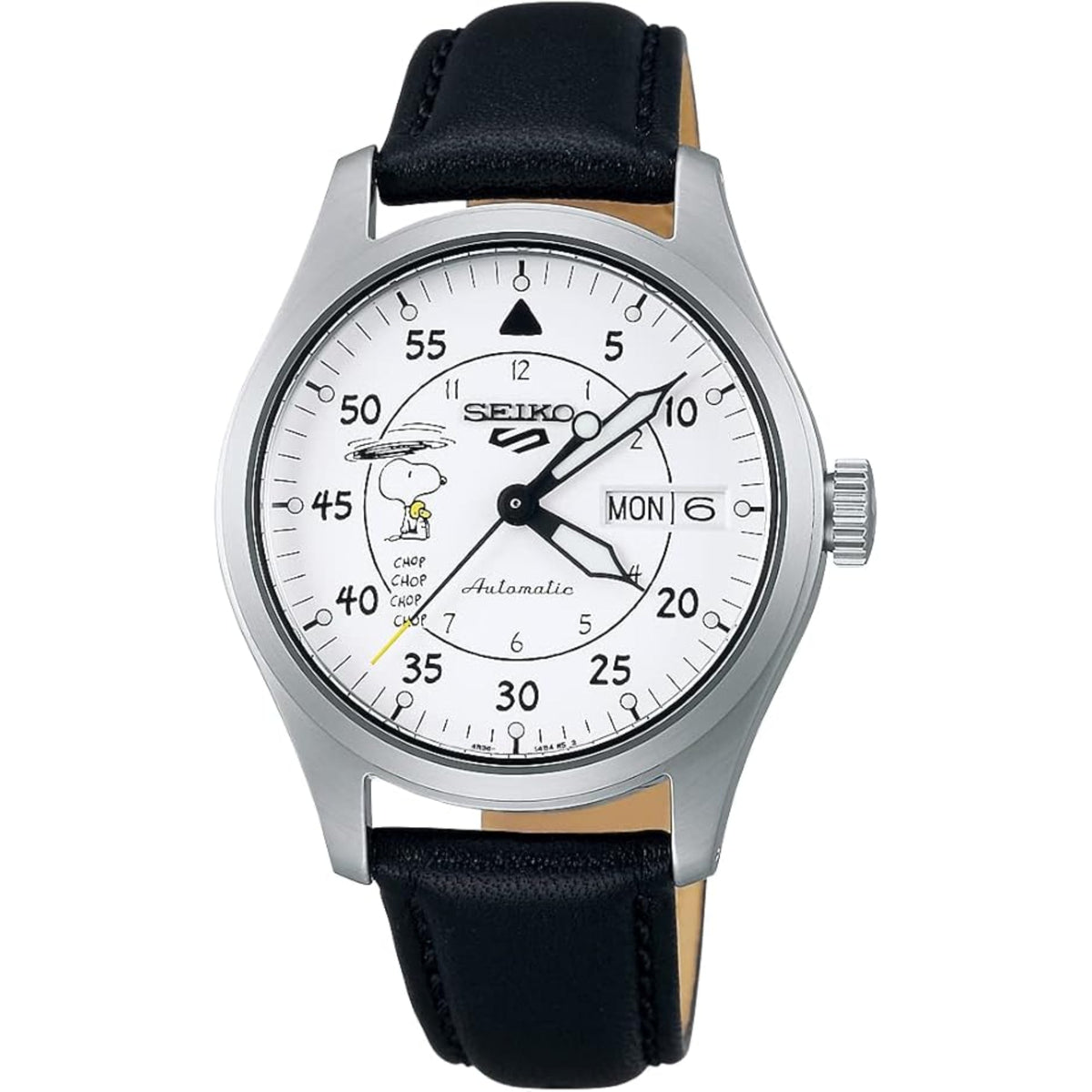 Automatic watch front view with white dial, Snoopy graphic, black leather strap, steel case
