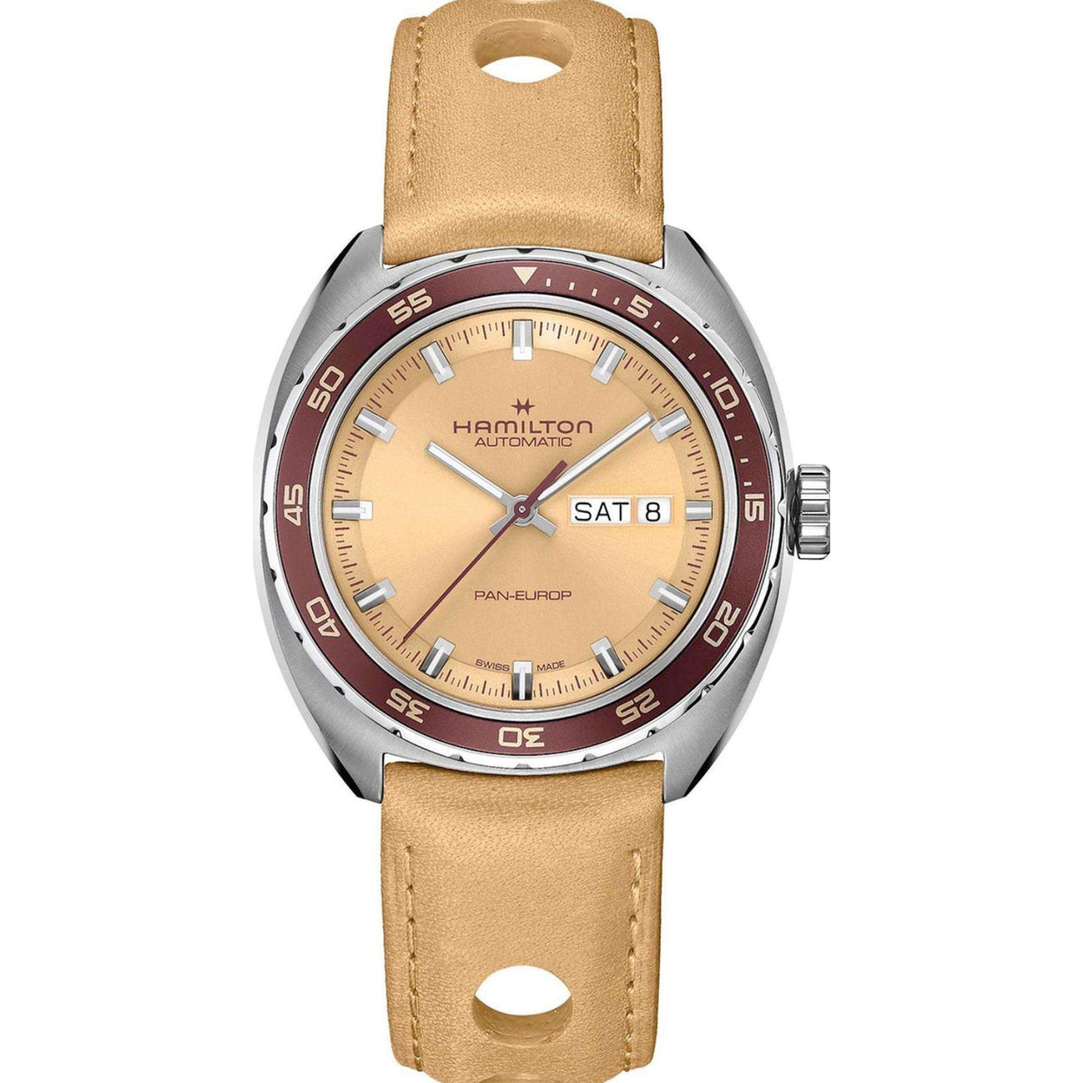 Men’s automatic wristwatch with beige dial, stainless steel bezel, and tan leather strap