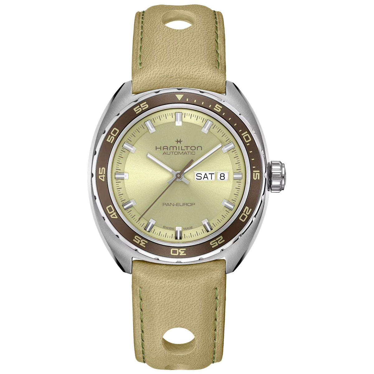 Men's automatic watch with green leather strap, silver case, light green dial, day-date
