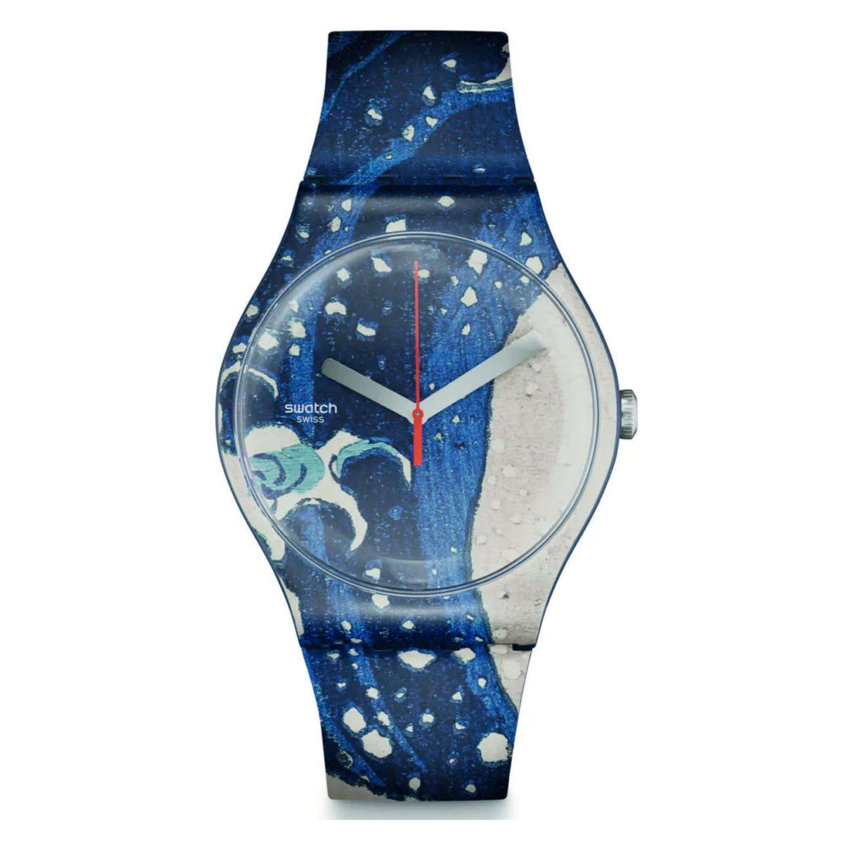Three-quarter view of blue patterned quartz watch with round dial and red second hand