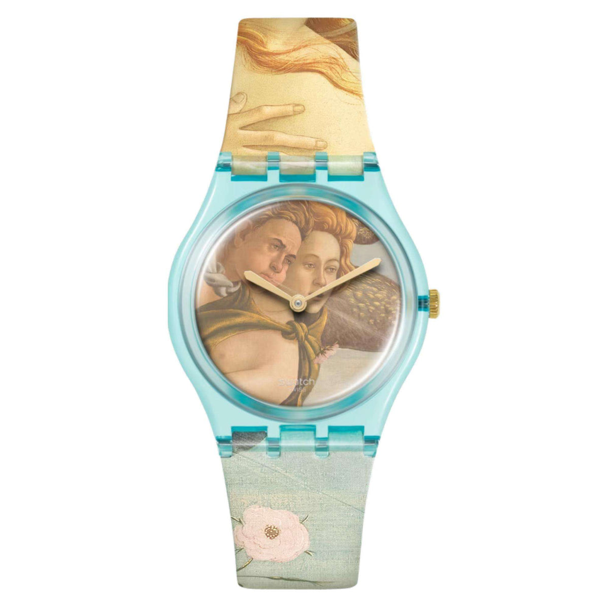 Quartz wristwatch front view, round teal bezel, painted couple dial, printed turquoise strap