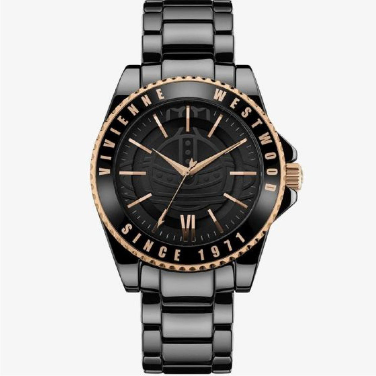 Ladies quartz watch front with black dial, rose-gold hands, and black glossy bracelet