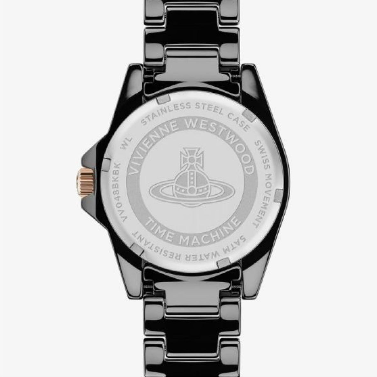 Ladies quartz watch caseback showing engraved logo and black bracelet; rose-gold crown