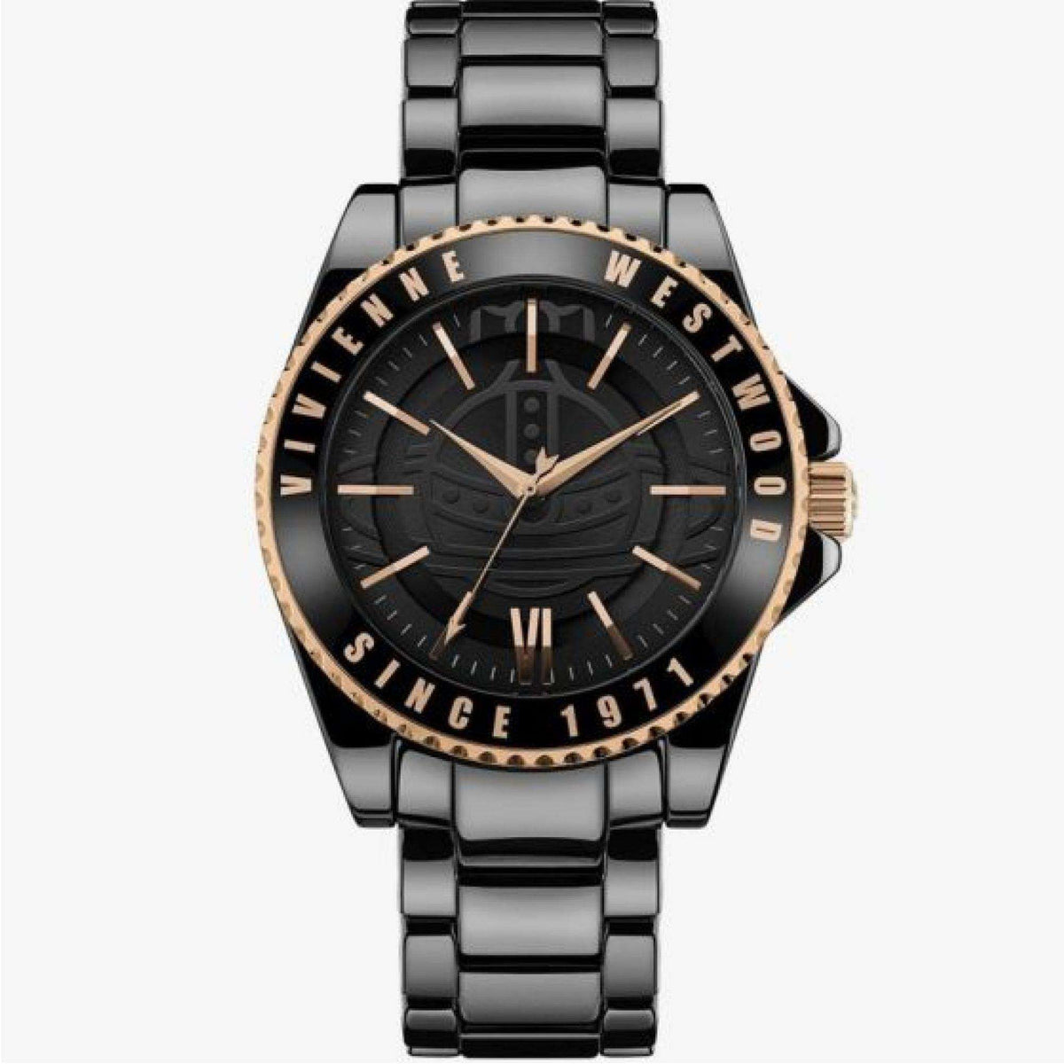 Ladies quartz watch front with black dial, rose-gold markers, and black bracelet