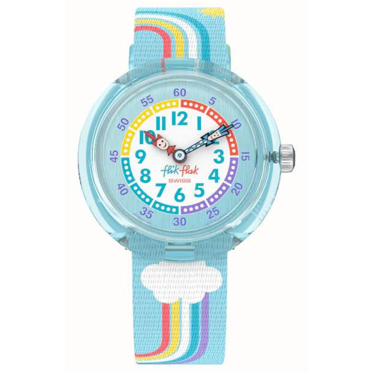 Kids blue fabric strap watch front view, rainbow dial with colorful time markers