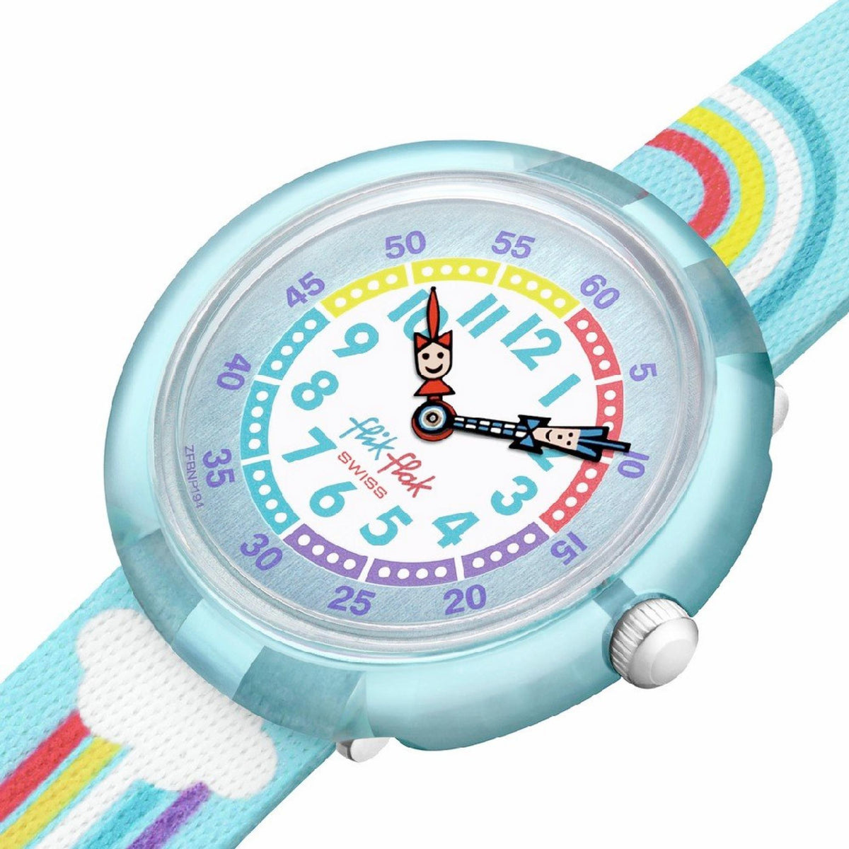 Kids blue fabric strap watch close-up, rainbow dial with white pushers