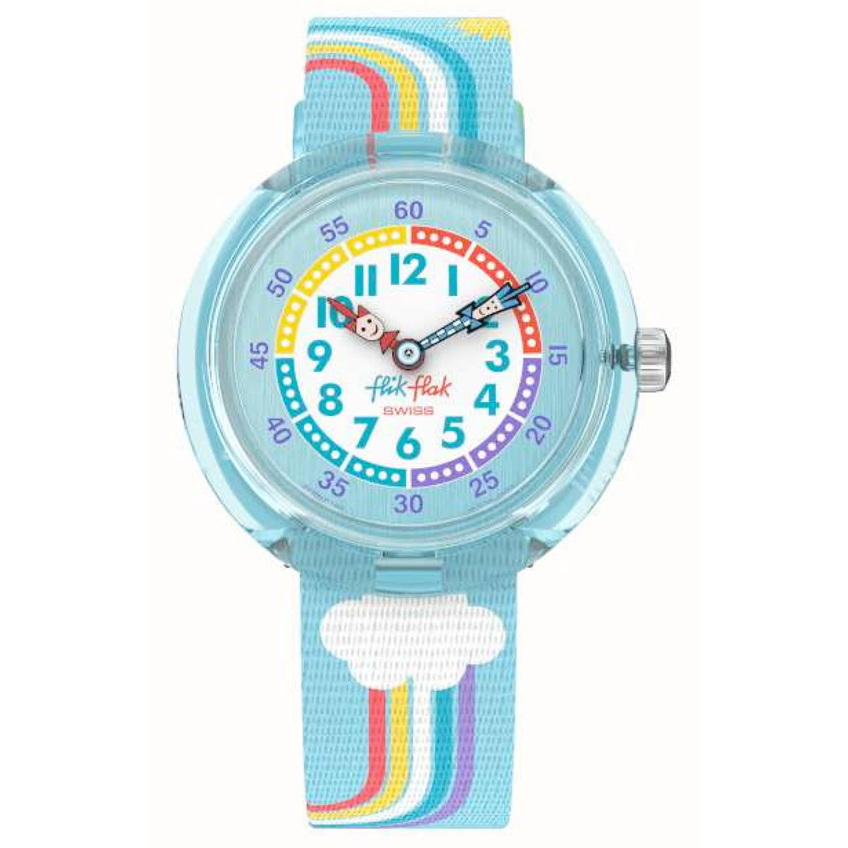 Kids blue fabric strap watch front view, rainbow dial and side crown detail