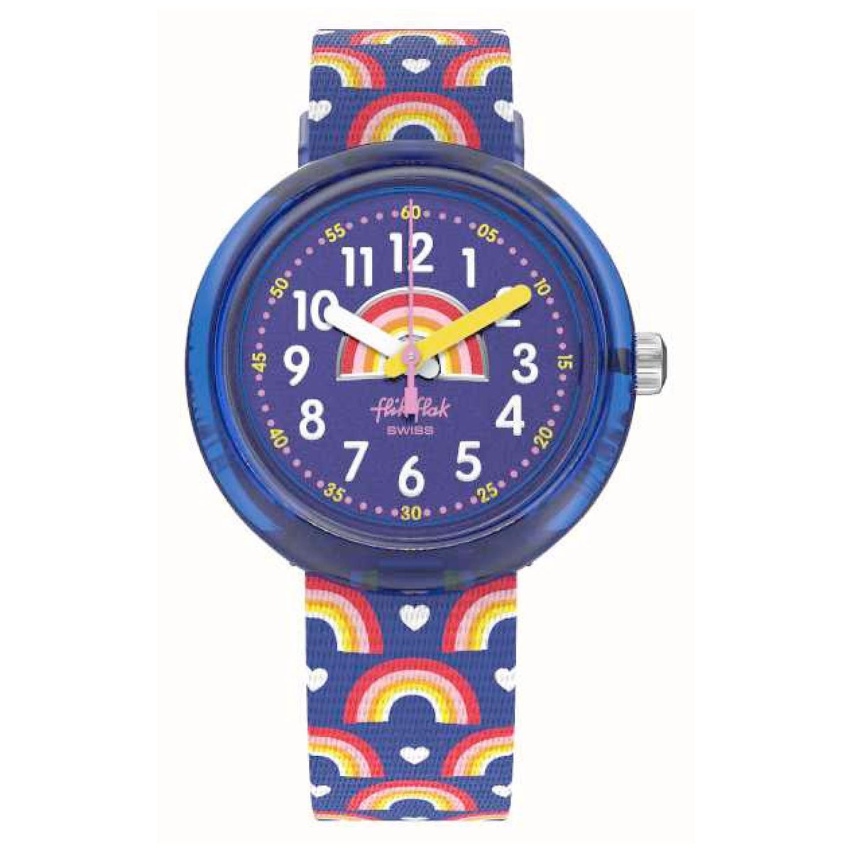 Round dark-blue kids watch with yellow hands and rainbow heart strap