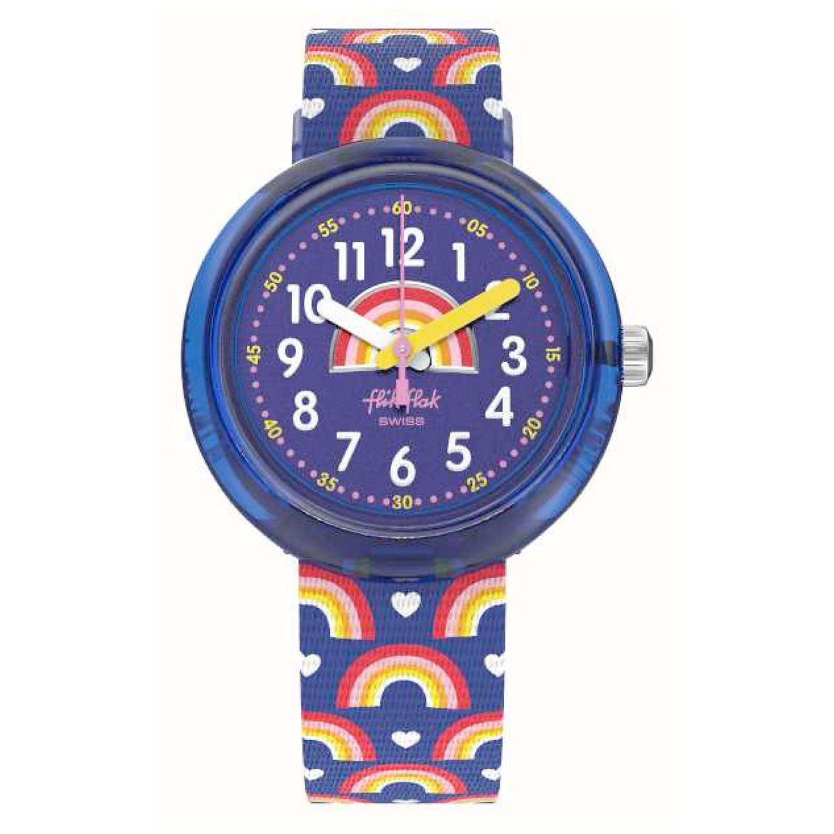 Blue kids wristwatch with rainbow-heart fabric strap and round dark-blue face