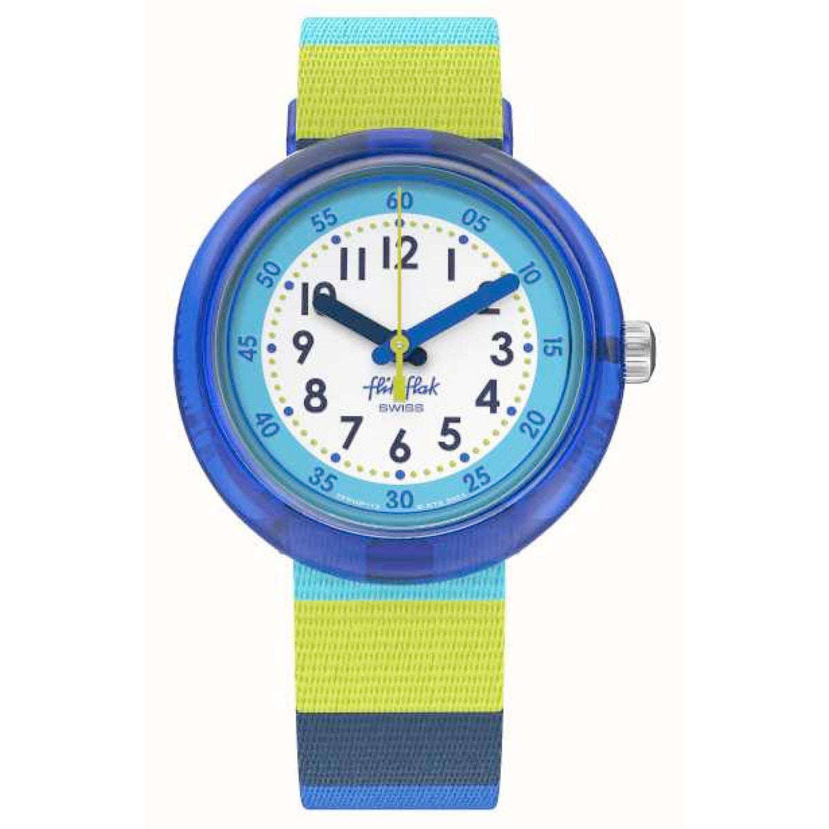 Kids round watch with blue bezel, white dial, and lime/blue striped fabric strap.