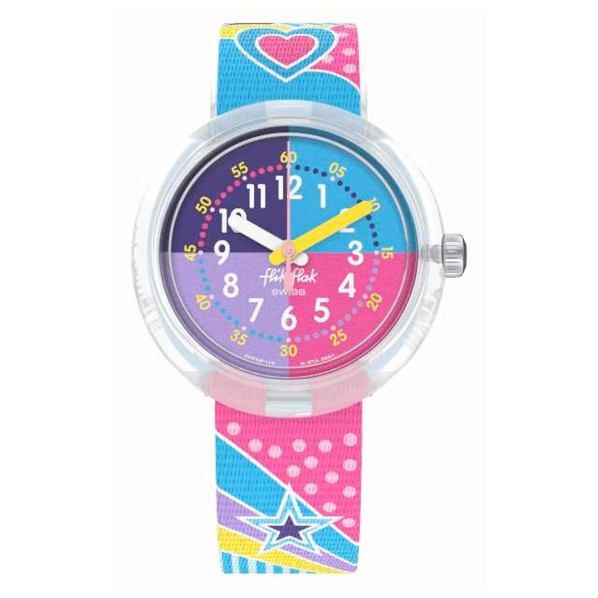 Kids rainbow dial watch with pink, blue, and purple numbers and patterned strap