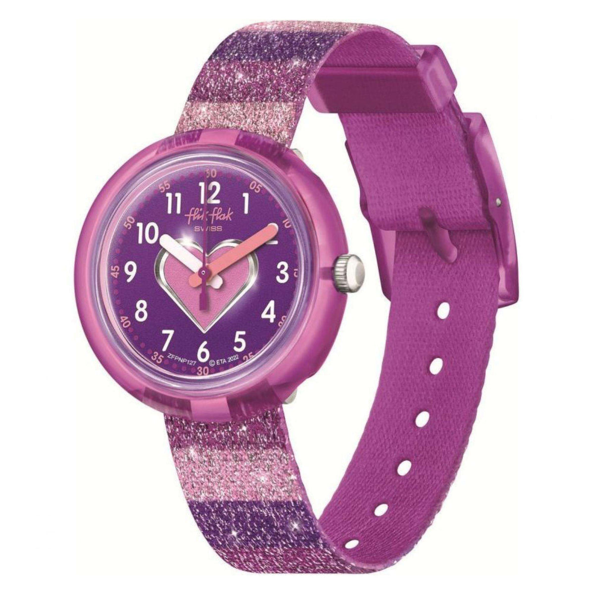 Flik Flak child's purple glitter heart dial watch with purple strap and bezel