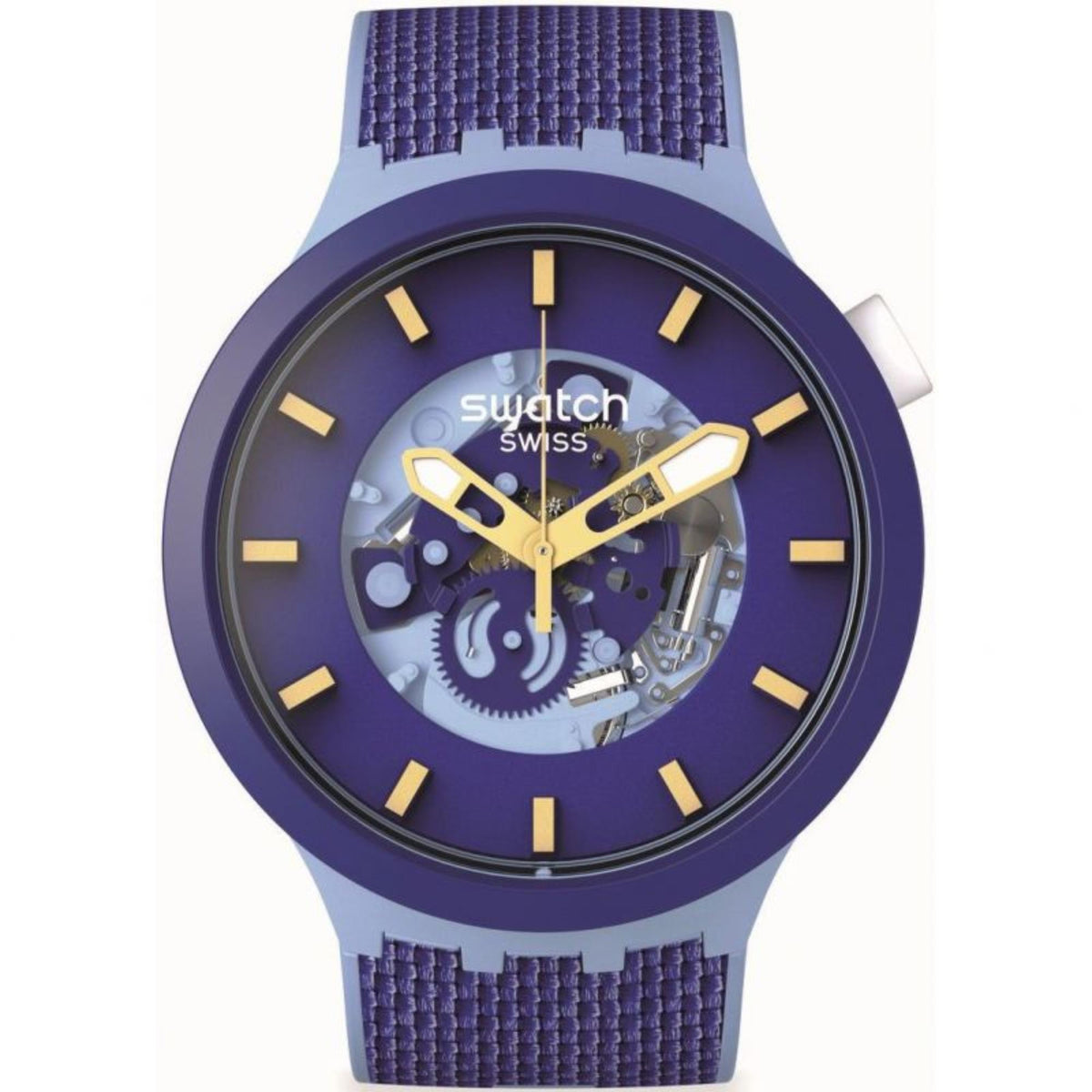 Round blue watch face with gold hands and textured blue strap, front view