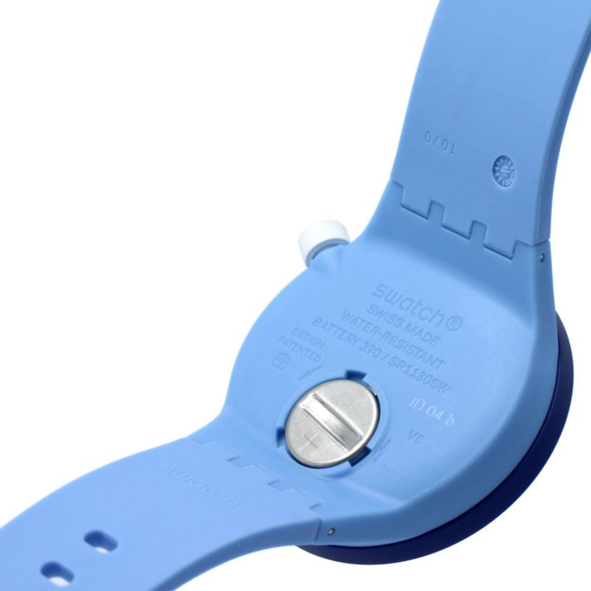 Blue plastic watch case with round silver back and silicone strap holes