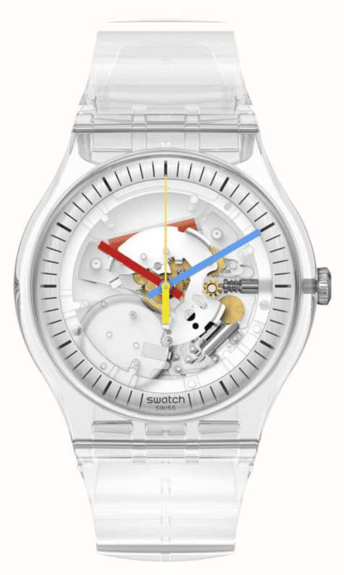Clear-dial watch with silver-tone case, bracelet-style clear strap, red blue hands and gold center