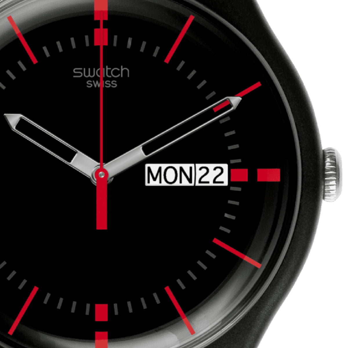Swatch GAET AGAIN men's watch close-up with red second hand and “MON 22” date