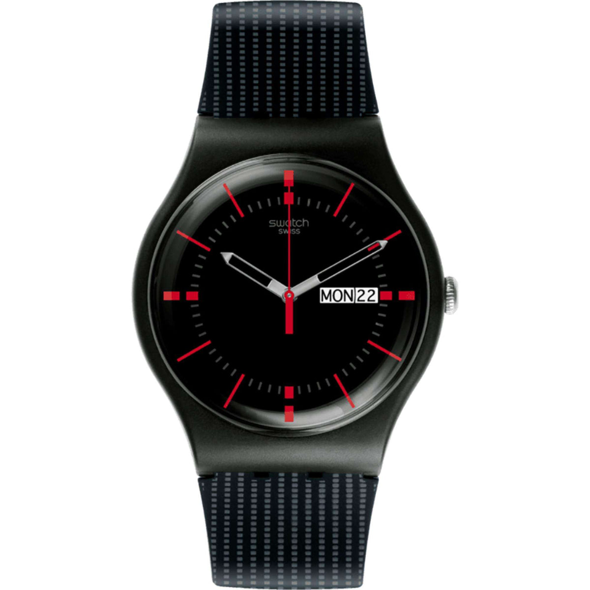 Swatch GAET AGAIN men's watch with black dial, red hands, and date window showing MON 22