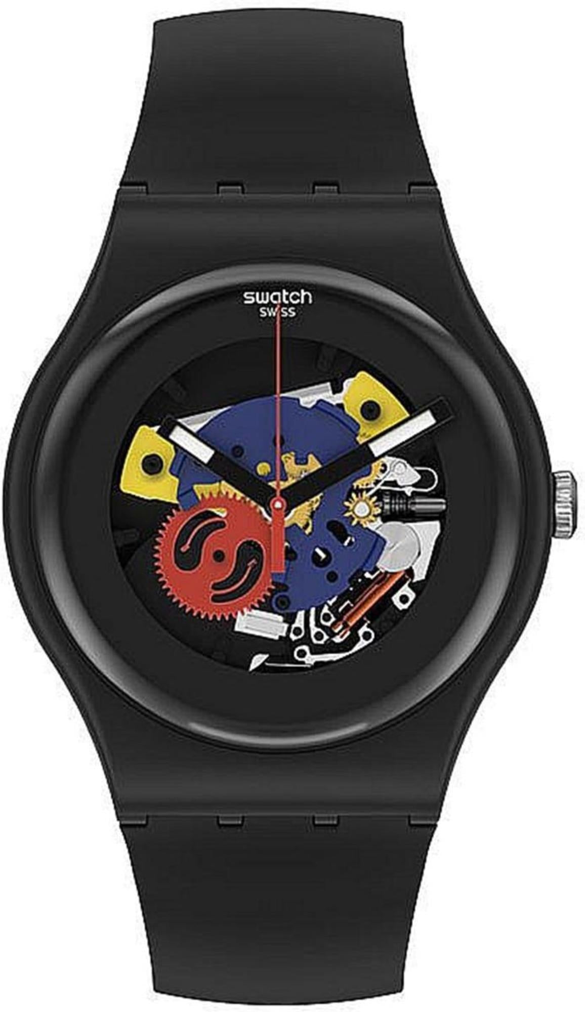 Black silicone wristwatch with see-through-style dial and colorful gear artwork