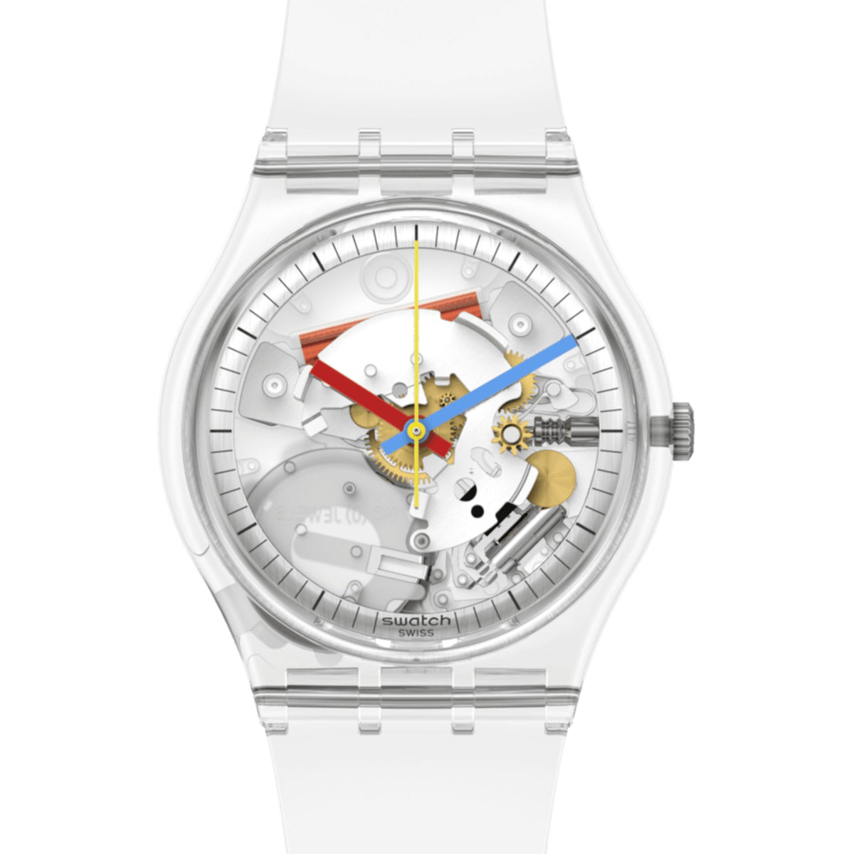 Swatch CLEARLY GENT Original watch front view; transparent case and white strap, colorful dial