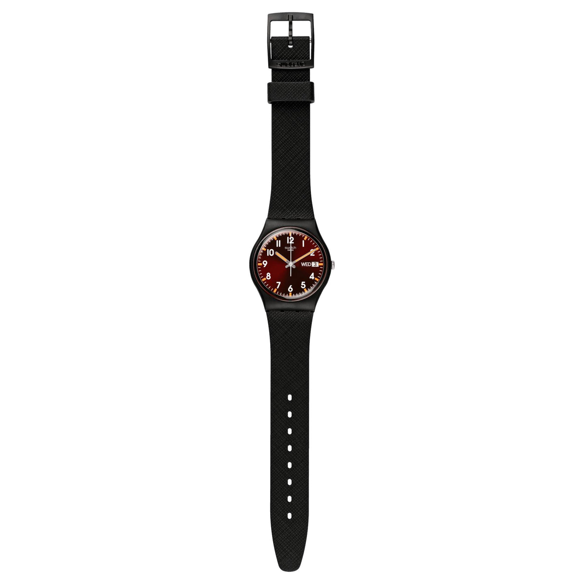Black watch strap with rectangular buckle and small red dial face with Wed 3 window