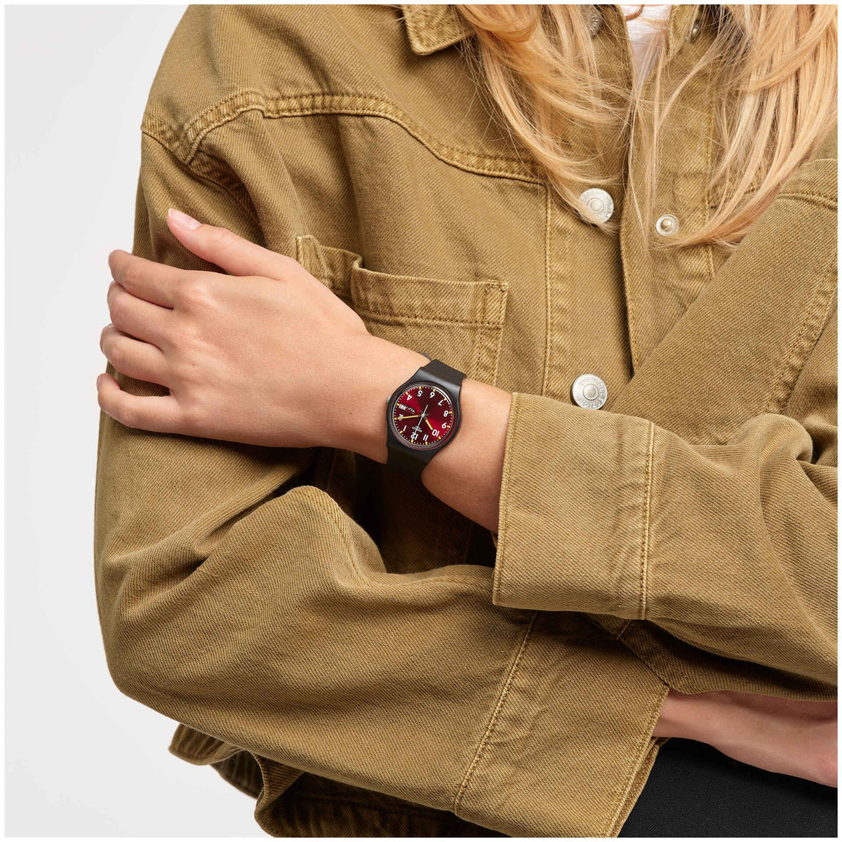 Men's wristwatch with red dial and black strap