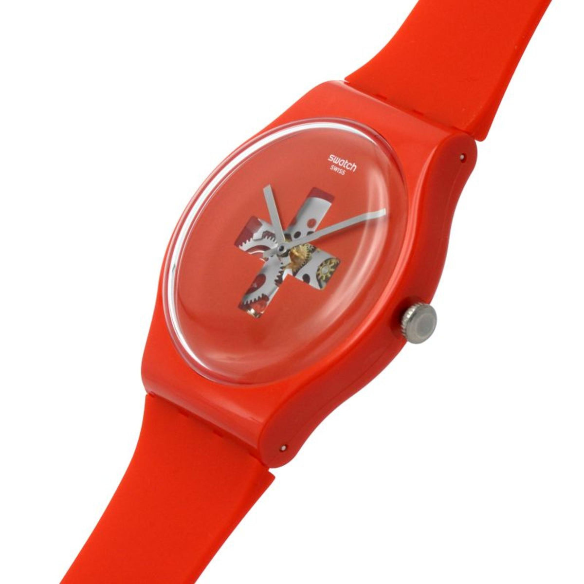 Red Swatch men's watch side view showing crown and round dial with cross graphic.