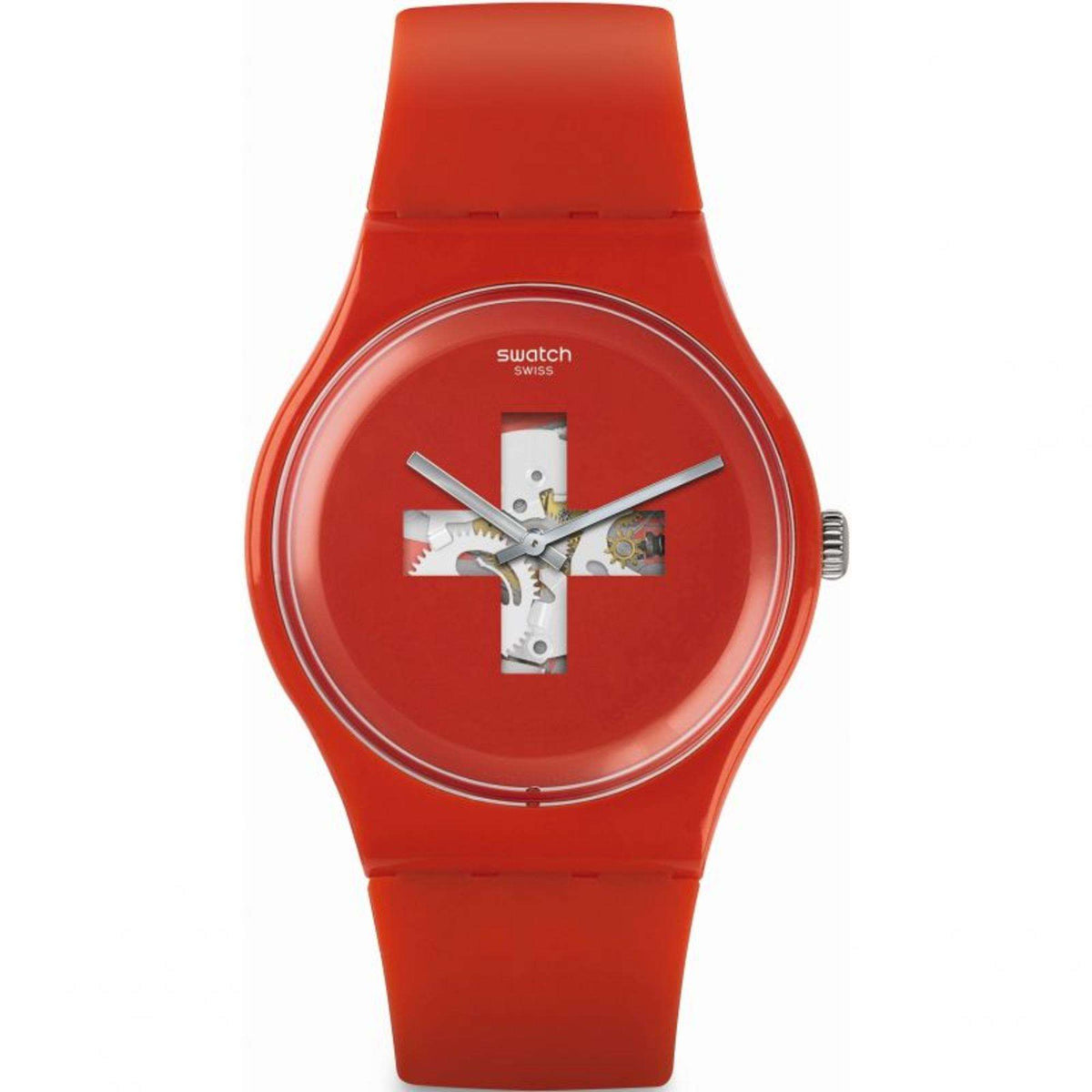 Red Swatch men's wristwatch with round dial and cross graphic, matching red silicone strap.