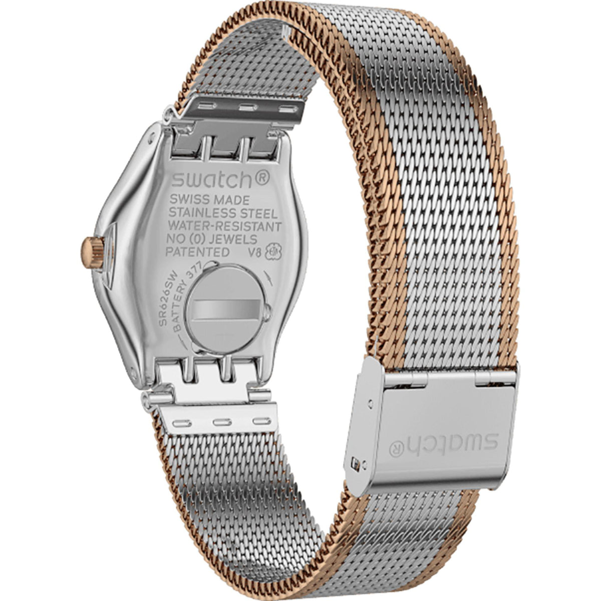 Ladies silver-tone watch back with protective cover and two-tone mesh strap