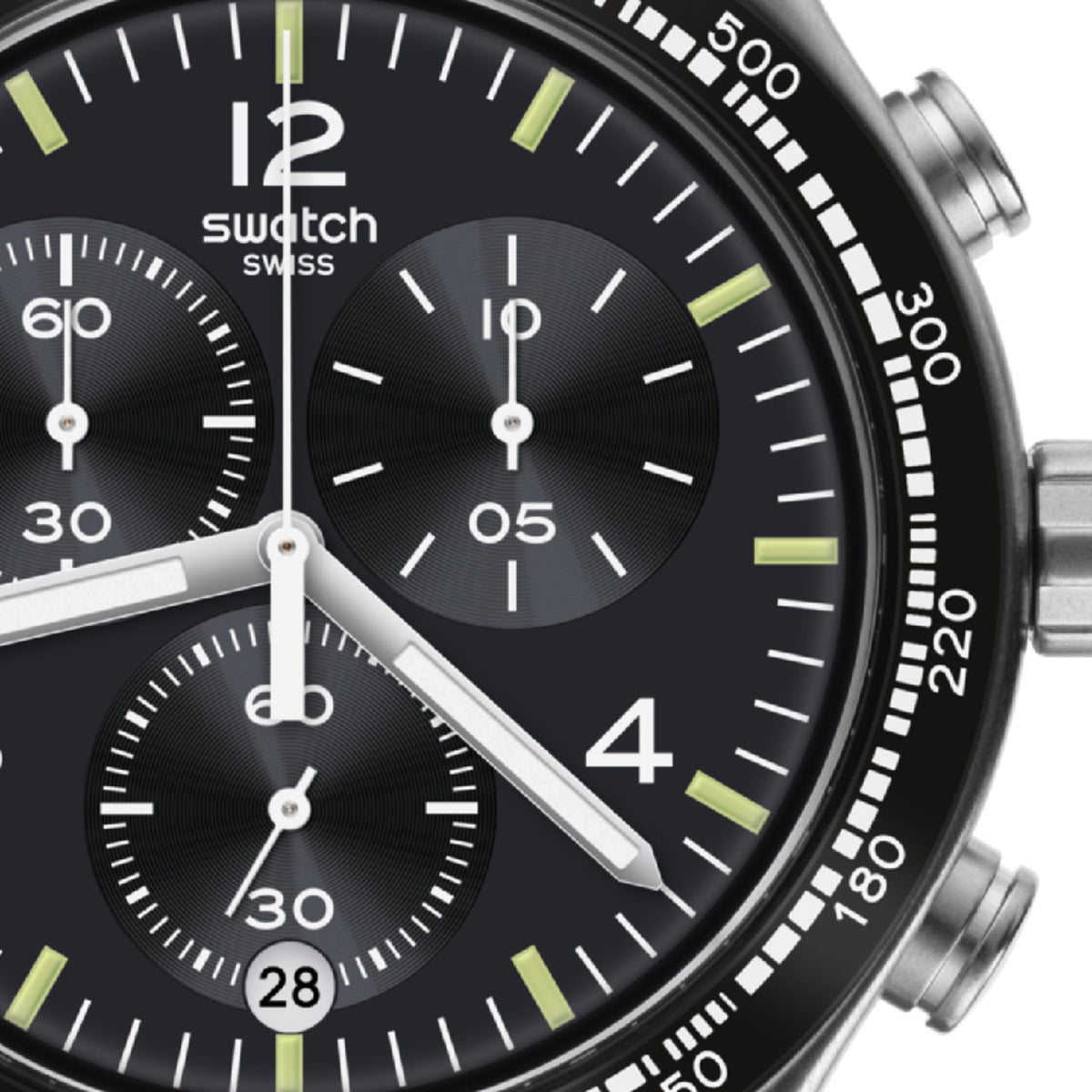 Swatch watch face close-up with lime indices, tachymeter ring, and silver hands