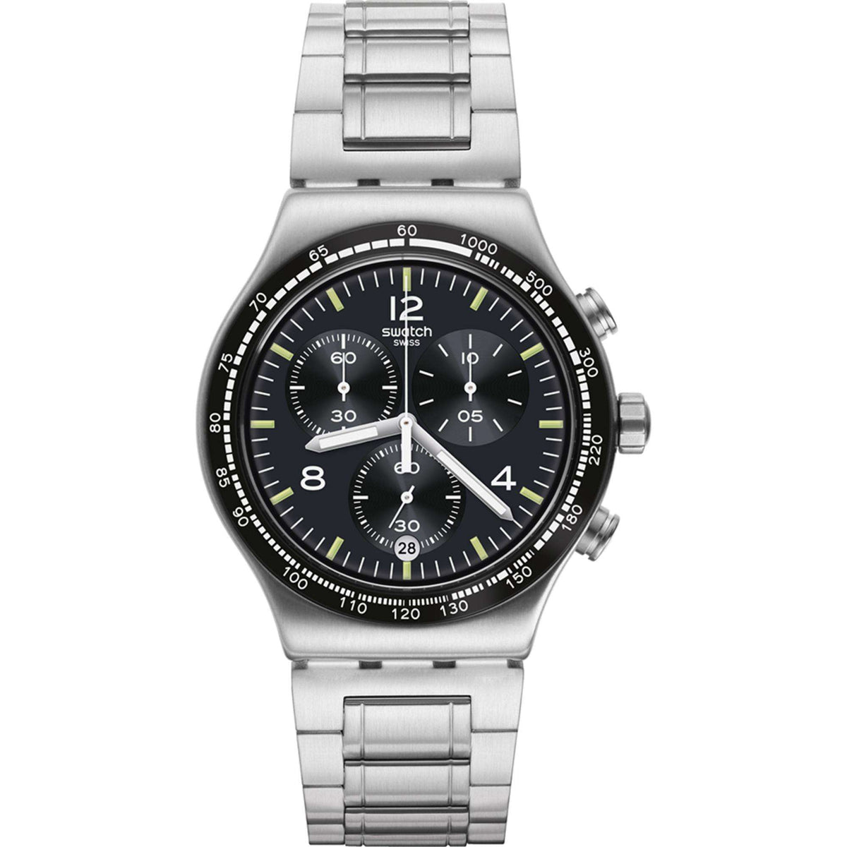 Swatch black dial chronograph watch with silver bracelet and side pushers
