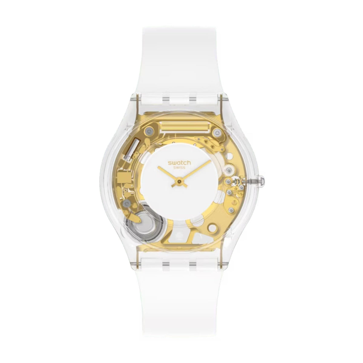Swatch quartz watch with white dial, transparent case, and white silicone strap