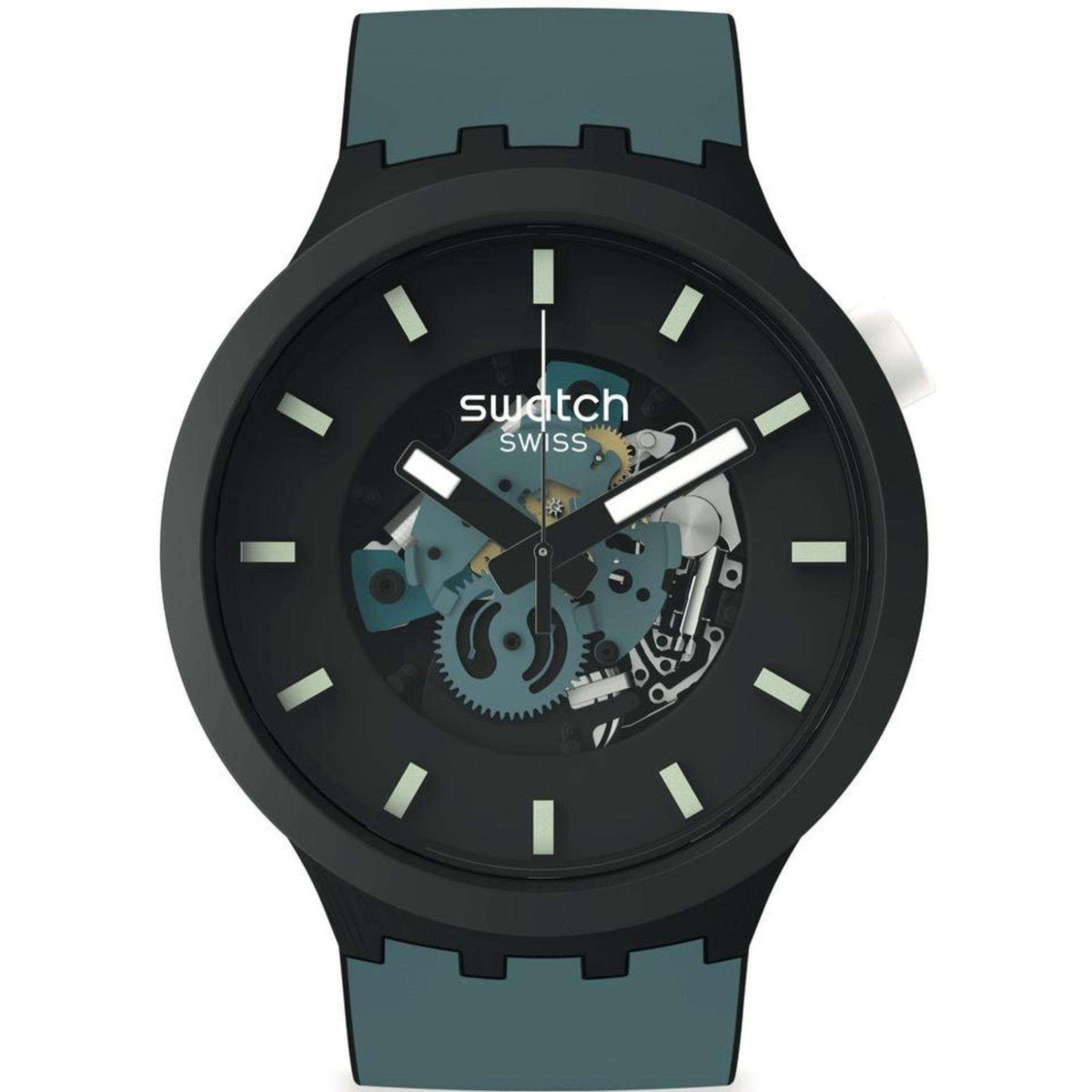 Analog watch front view: black dial with teal accents, black case, teal rubber band.