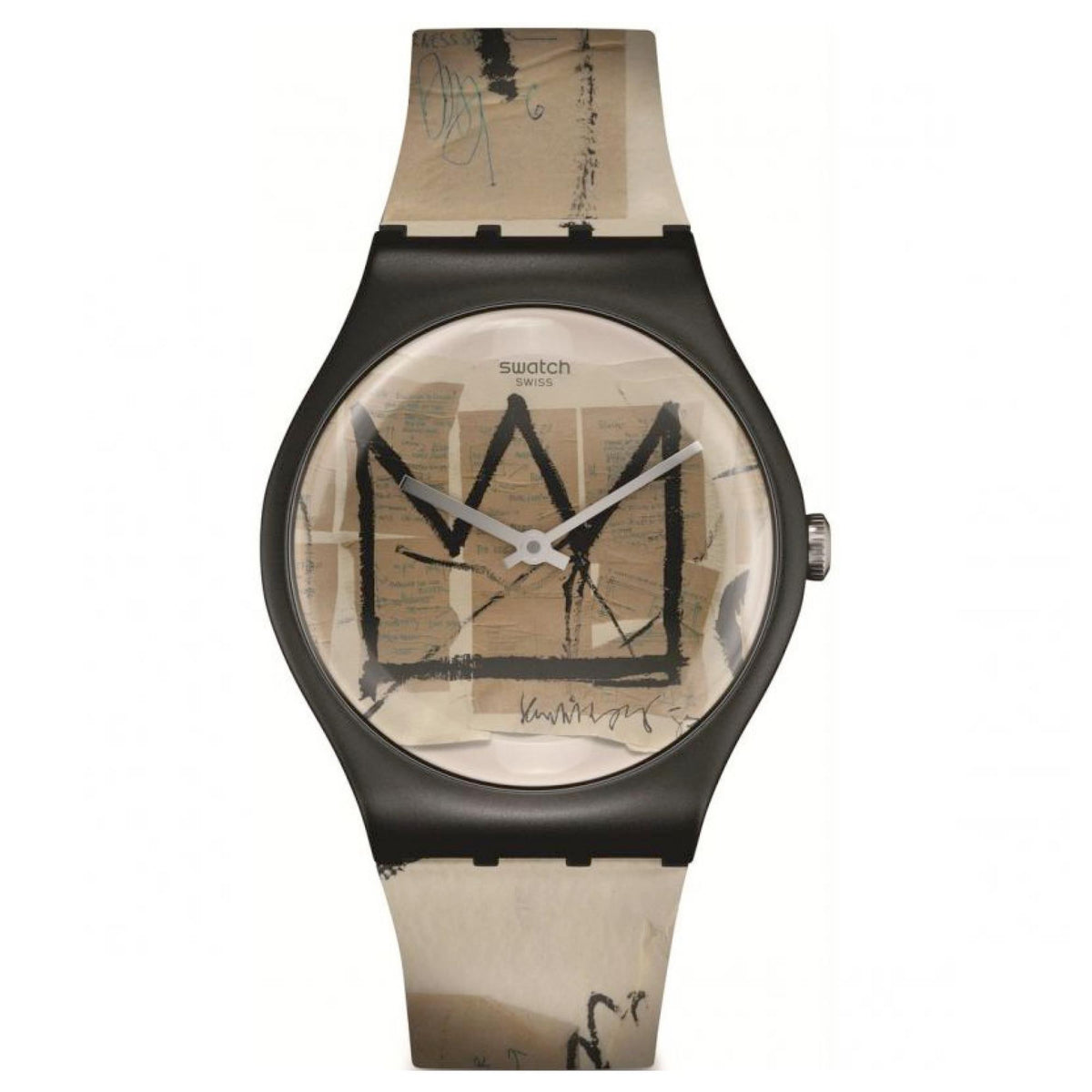 Black quartz wristwatch front with artistic dial and tan patterned band, analog hands.