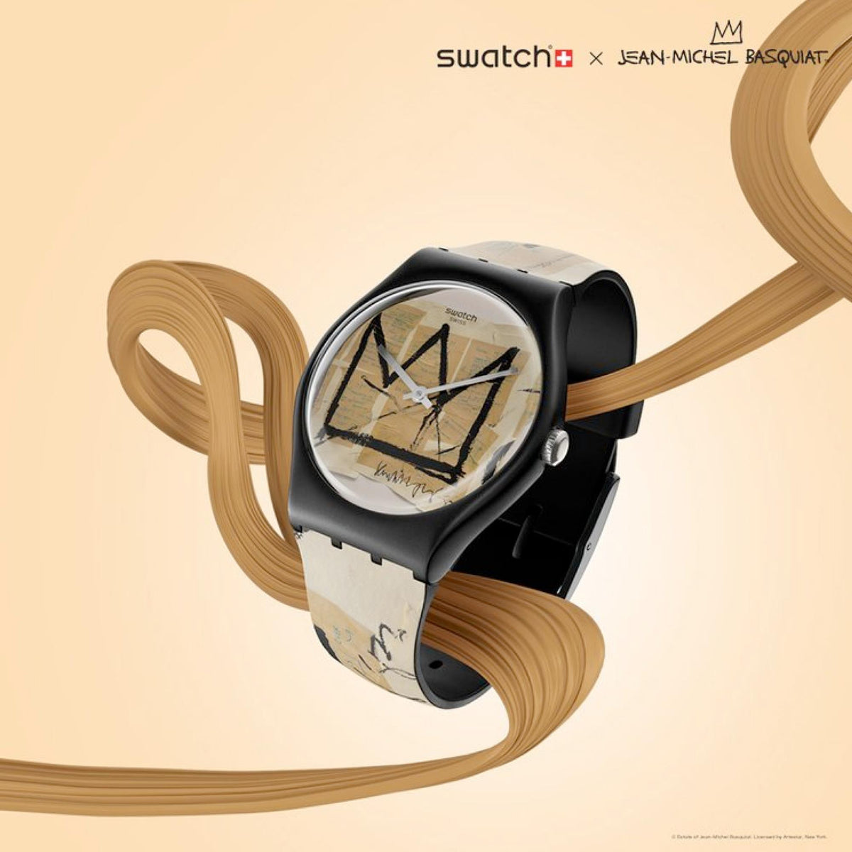 Quartz wristwatch with artistic dial, black case and tan patterned strap on display.