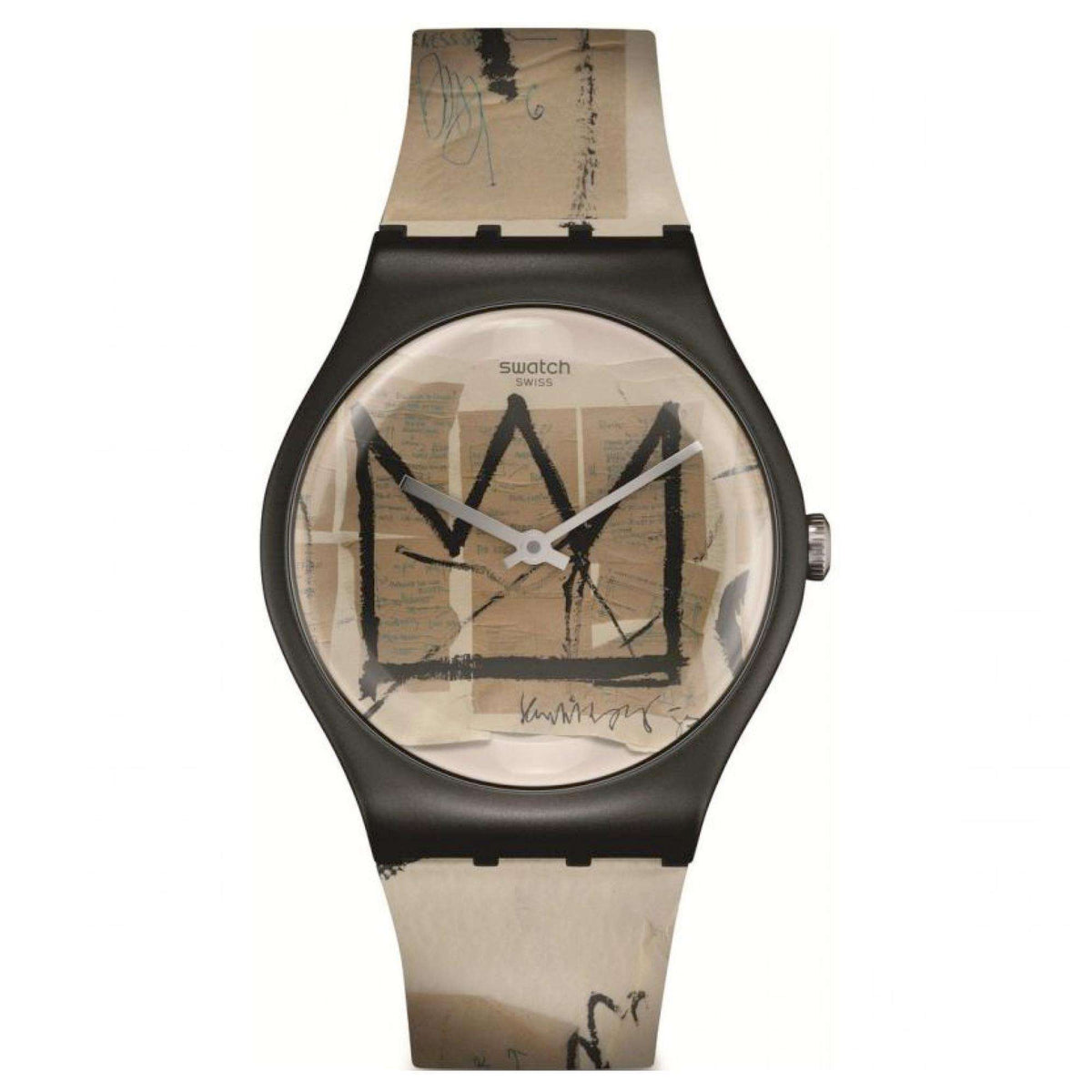Black quartz wristwatch with artistic dial and tan patterned strap, analog display.