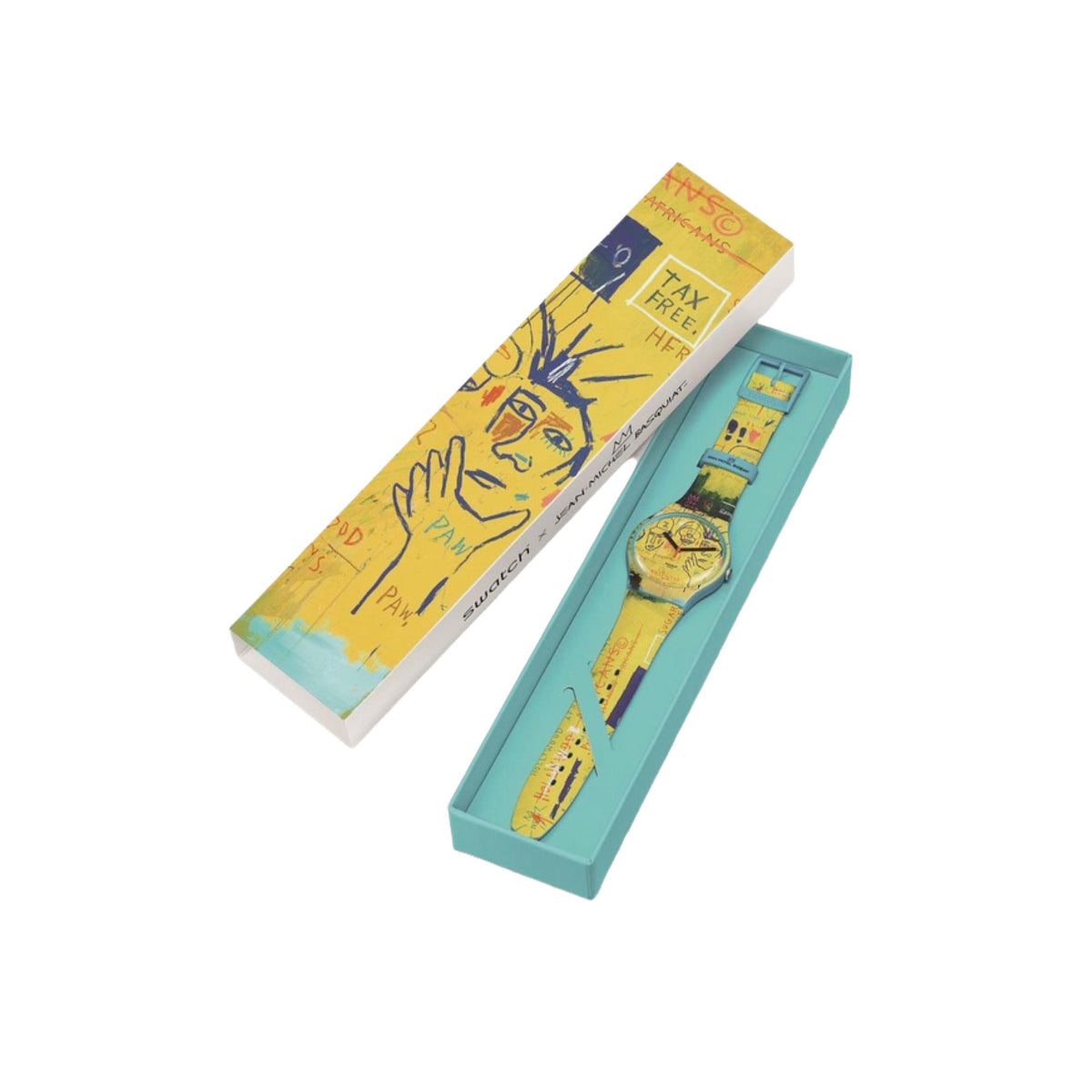 Swatch quartz watch packaging with box and illustrated watch strap inside